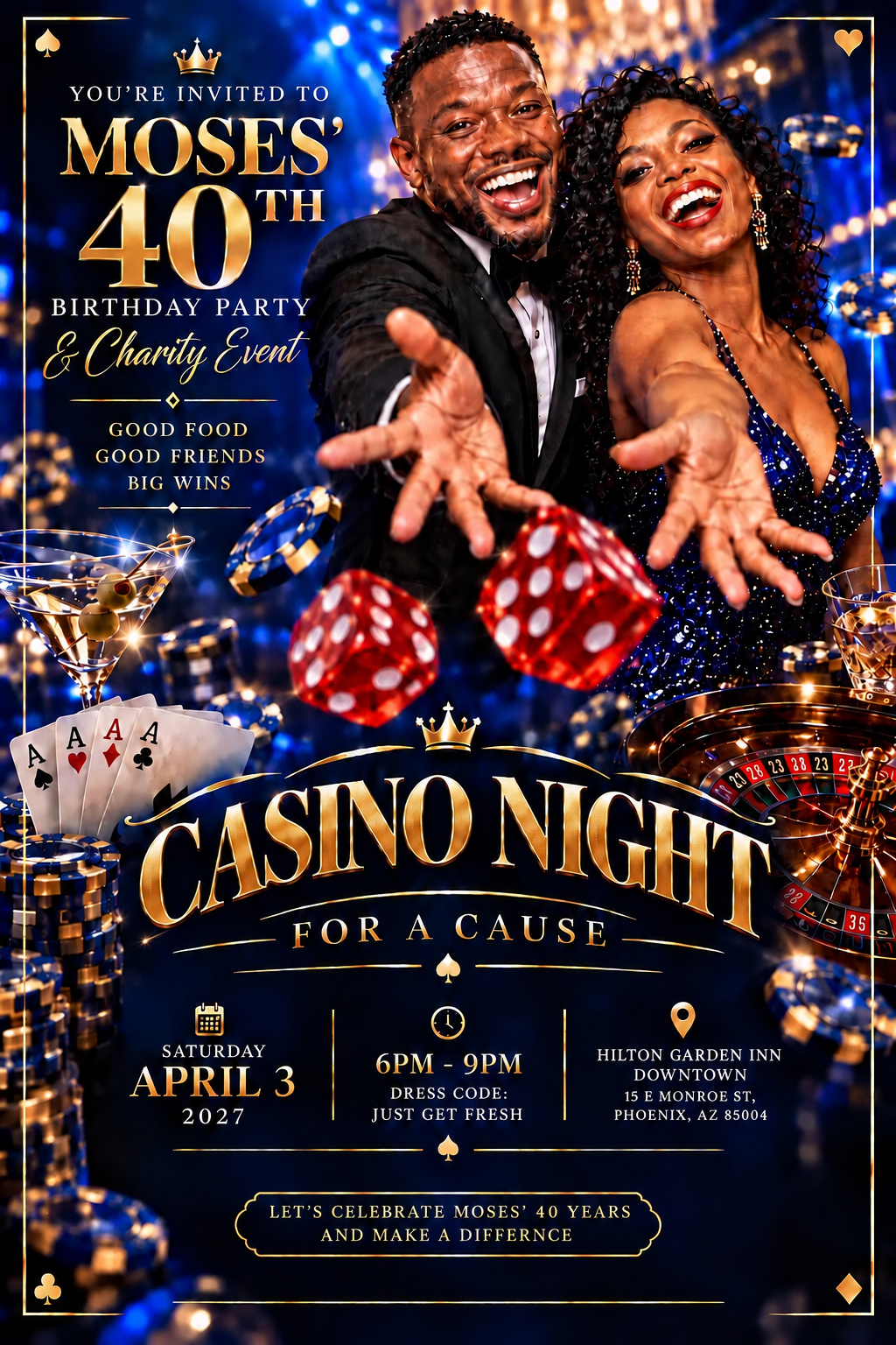 Elegant blue-and-gold save-the-date for Moses’ 40th birthday party and charity event. A joyful Black couple throws dice above the title Casino Night — For a Cause, surrounded by casino chips, cards, and roulette.